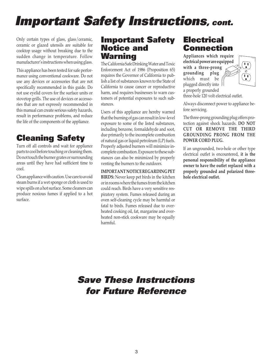 Important safety instructions, Save these instructions for future reference, Cleaning safety | Cont, Electrical connection, Important safety notice and warning | Maytag MGC4436BDB User Manual | Page 4 / 28