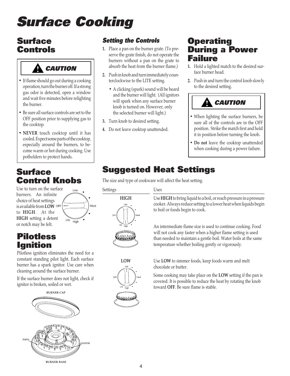 Surface cooking, Suggested heat settings, Surface control knobs | Operating during a power failure, Pilotless ignition, Surface controls, Setting the controls | Maytag MGC4436BDB User Manual | Page 5 / 28