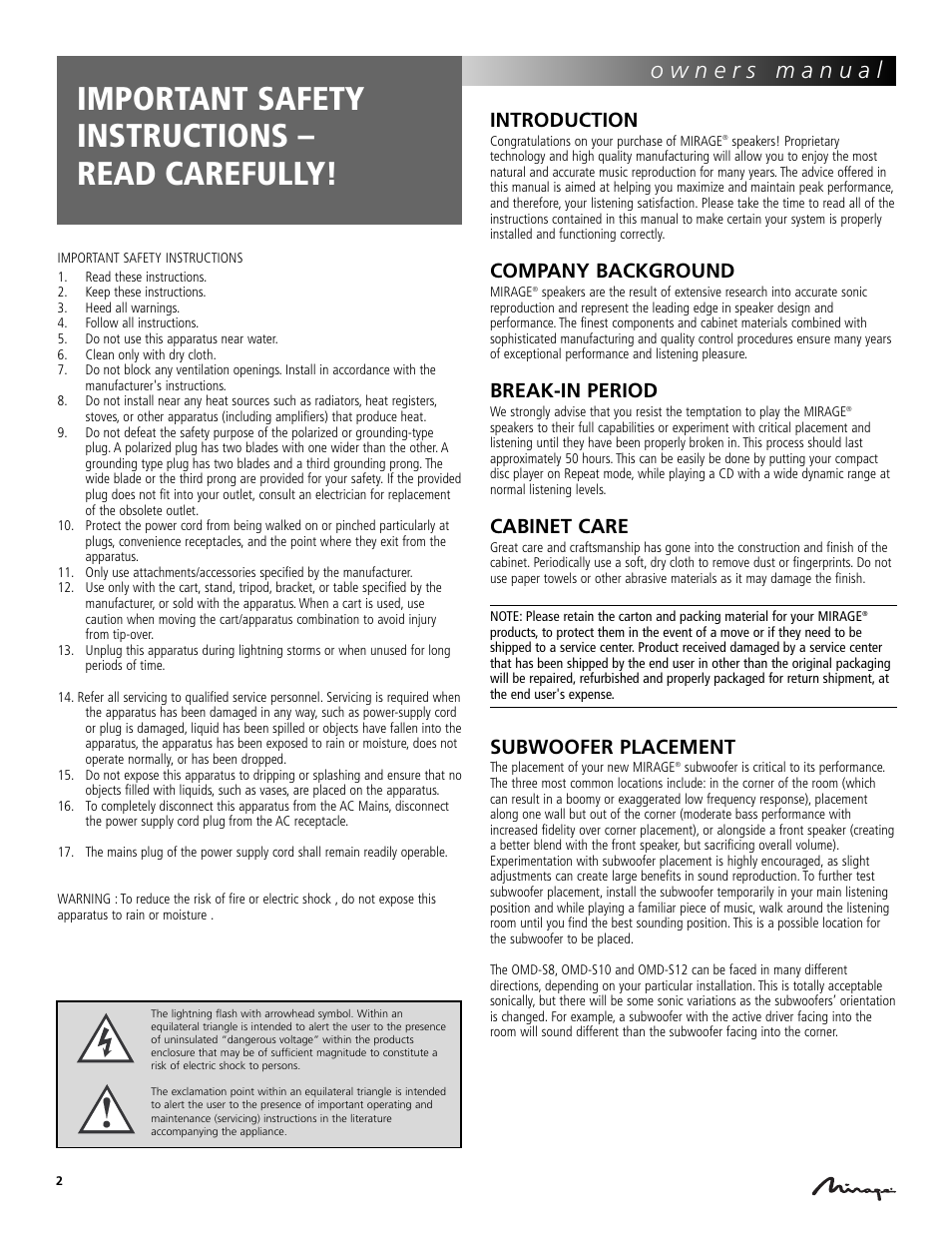 Important safety instructions – read carefully, Introduction, Company background | Break-in period, Cabinet care, Subwoofer placement | Mirage Loudspeakers OMD-S8 User Manual | Page 2 / 4