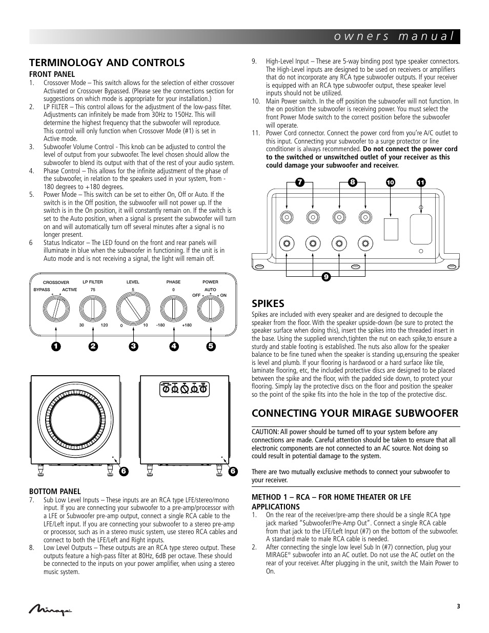 Terminology and controls, Spikes, Connecting your mirage subwoofer | Mirage Loudspeakers OMD-S8 User Manual | Page 3 / 4