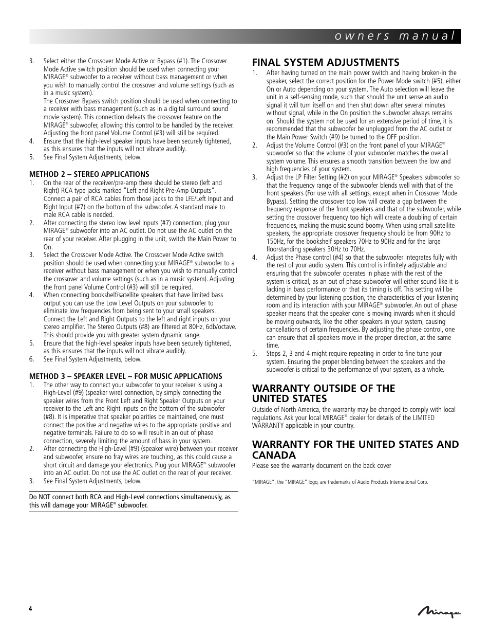 Final system adjustments, Warranty outside of the united states, Warranty for the united states and canada | Mirage Loudspeakers OMD-S8 User Manual | Page 4 / 4