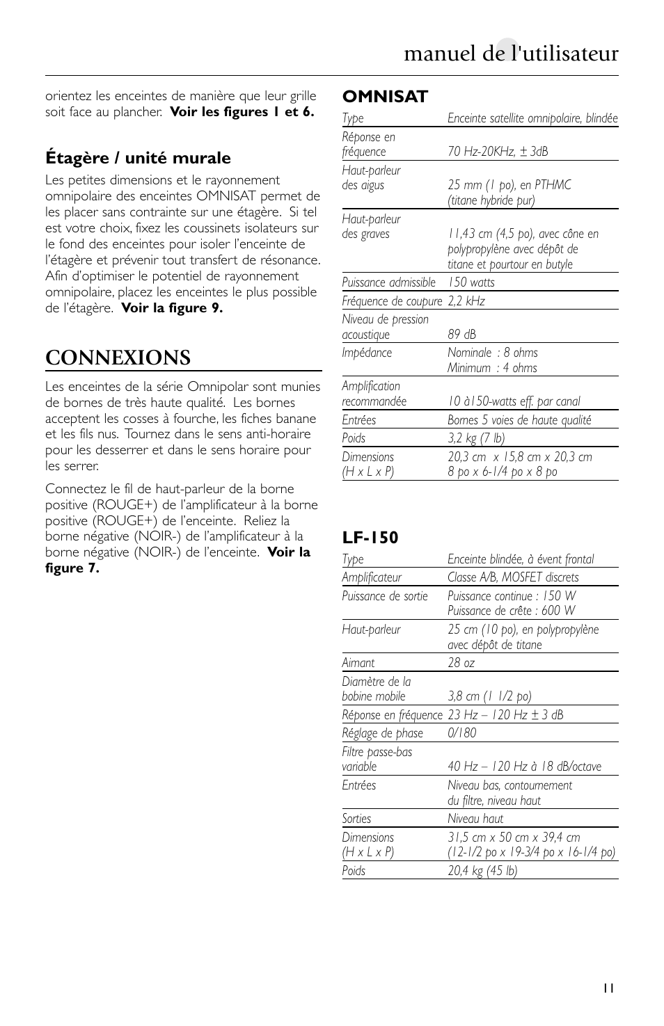 Manuel de l'utilisateur, Connexions, Étagère / unité murale | Omnisat, Lf-150 | Mirage Loudspeakers Omnisat User Manual | Page 11 / 52
