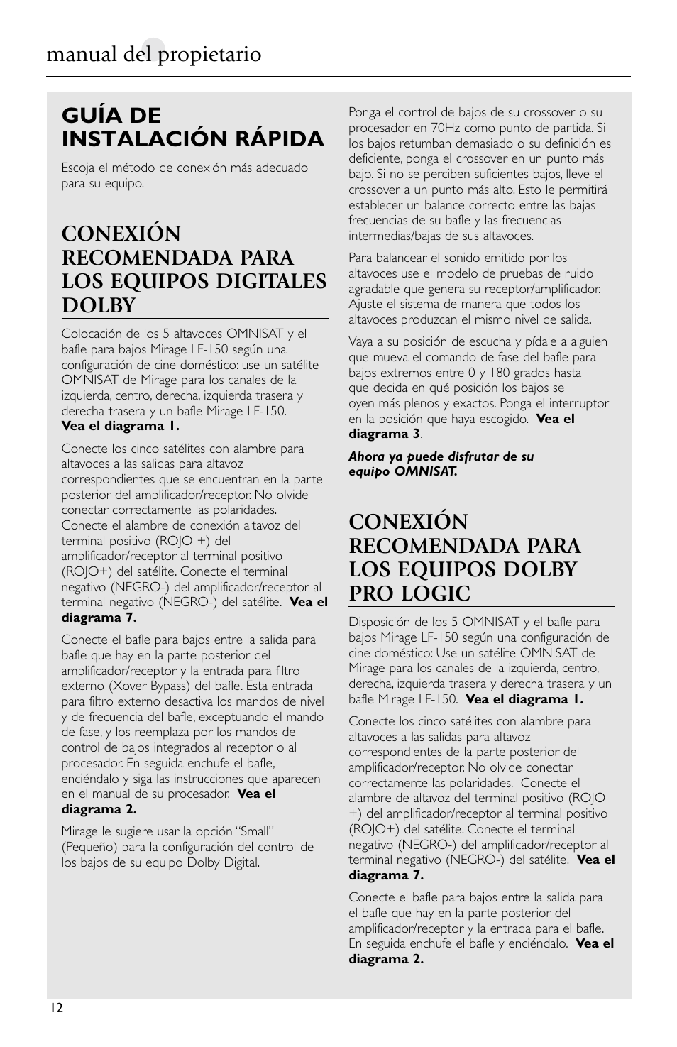 Guía de instalación rápida, Manual del propietario | Mirage Loudspeakers Omnisat User Manual | Page 12 / 52
