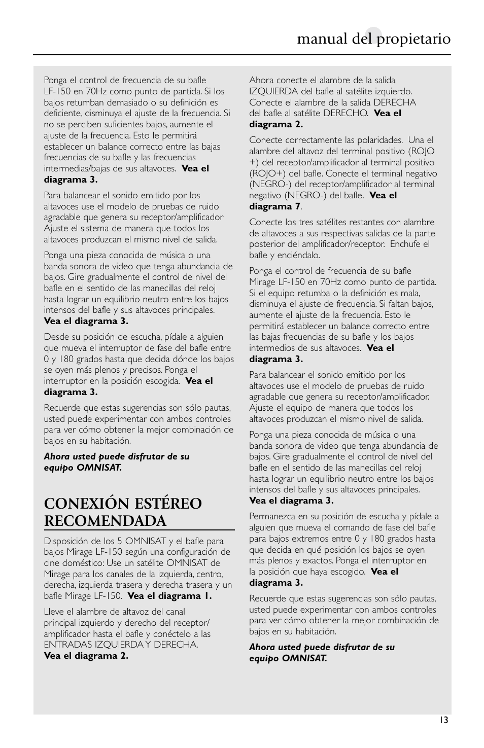 Conexión estéreo recomendada, Manual del propietario | Mirage Loudspeakers Omnisat User Manual | Page 13 / 52