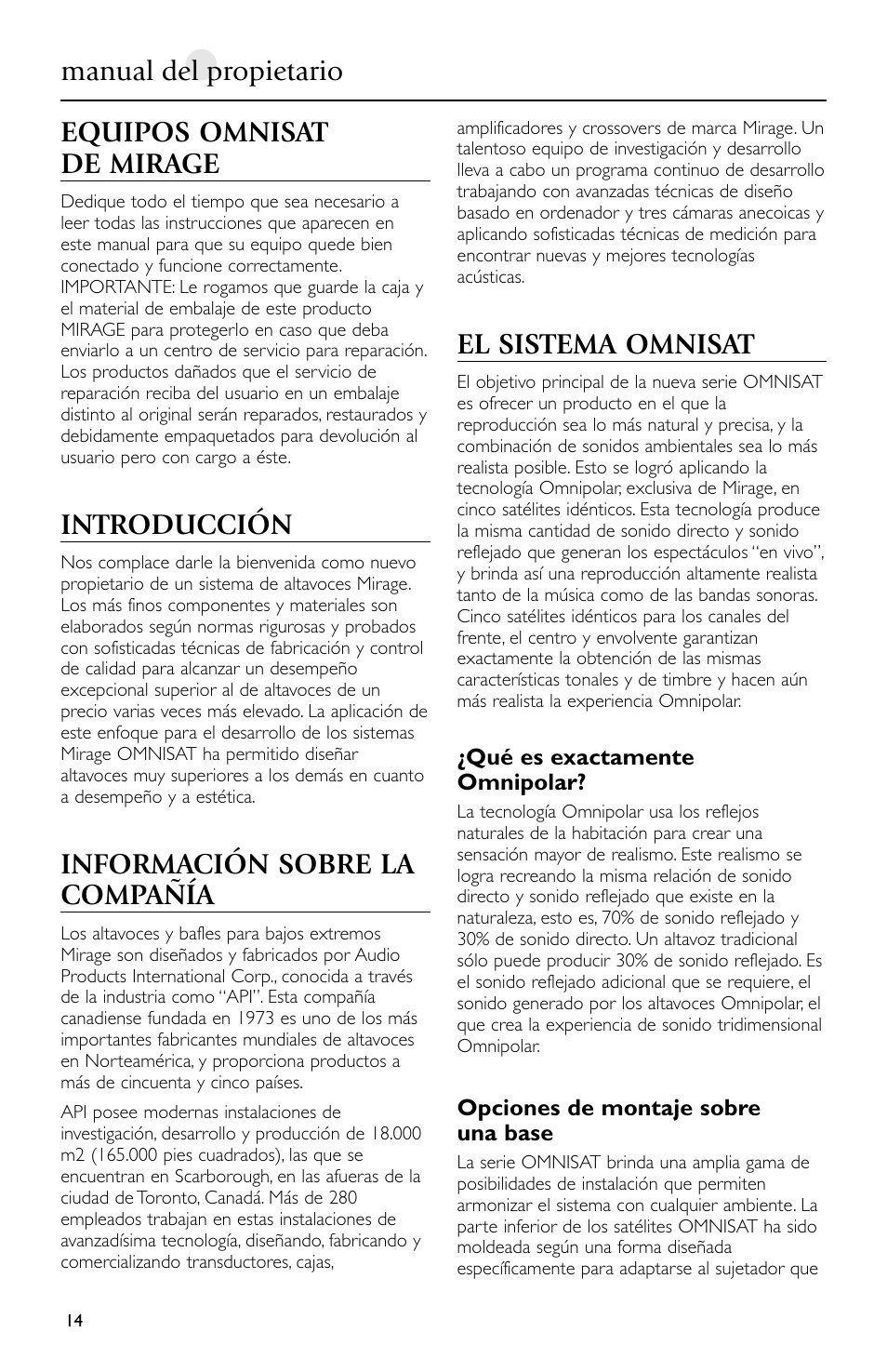 Equipos omnisat de mirage, Introducción, Información sobre la compañía | El sistema omnisat, Manual del propietario | Mirage Loudspeakers Omnisat User Manual | Page 14 / 52