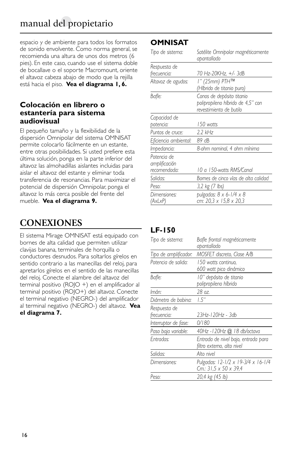 Conexiones, Manual del propietario, Omnisat | Lf-150 | Mirage Loudspeakers Omnisat User Manual | Page 16 / 52