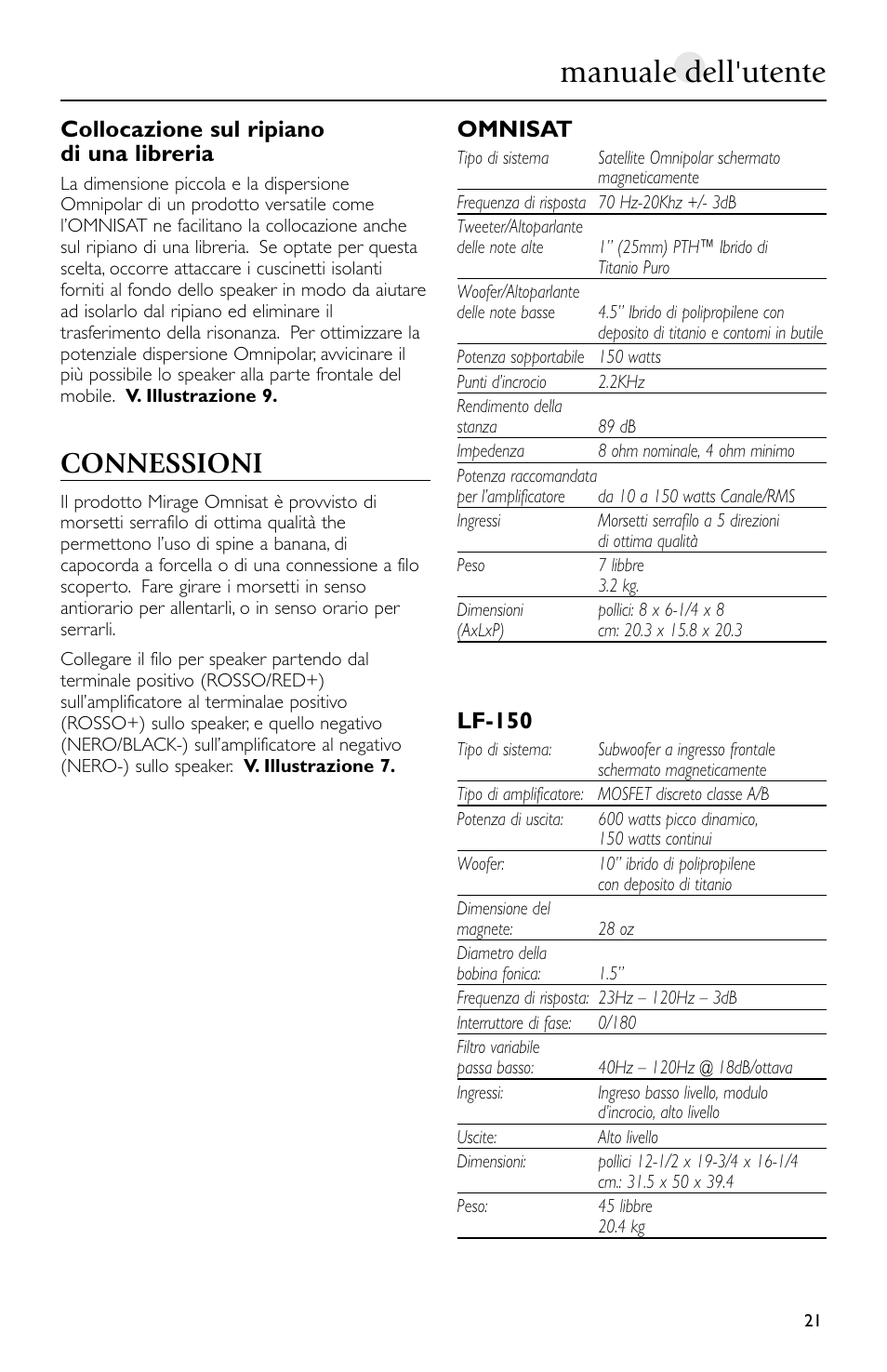 Manuale dell'utente, Connessioni, Collocazione sul ripiano di una libreria | Omnisat, Lf-150 | Mirage Loudspeakers Omnisat User Manual | Page 21 / 52