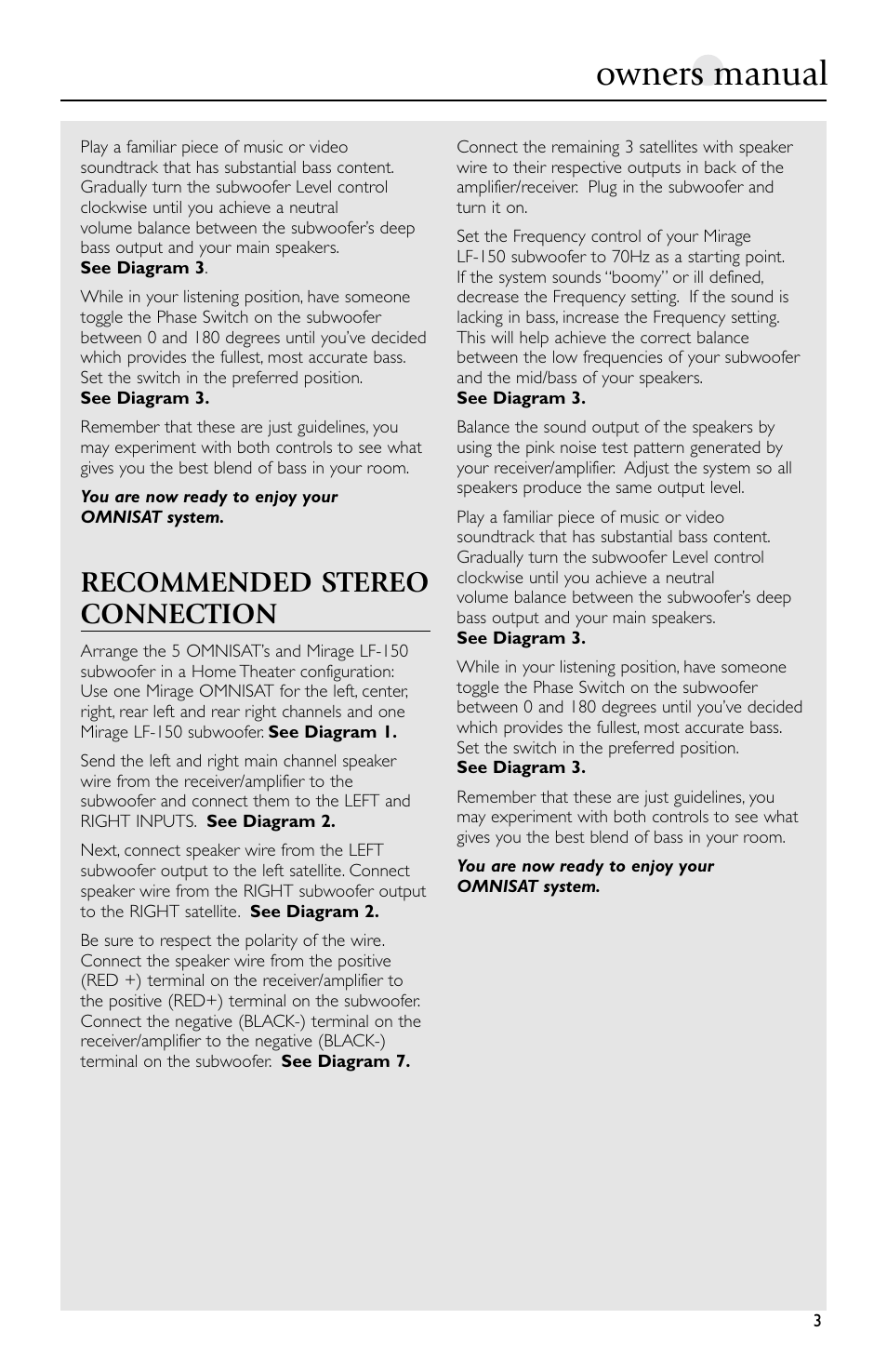 Owners manual, Recommended stereo connection | Mirage Loudspeakers Omnisat User Manual | Page 3 / 52