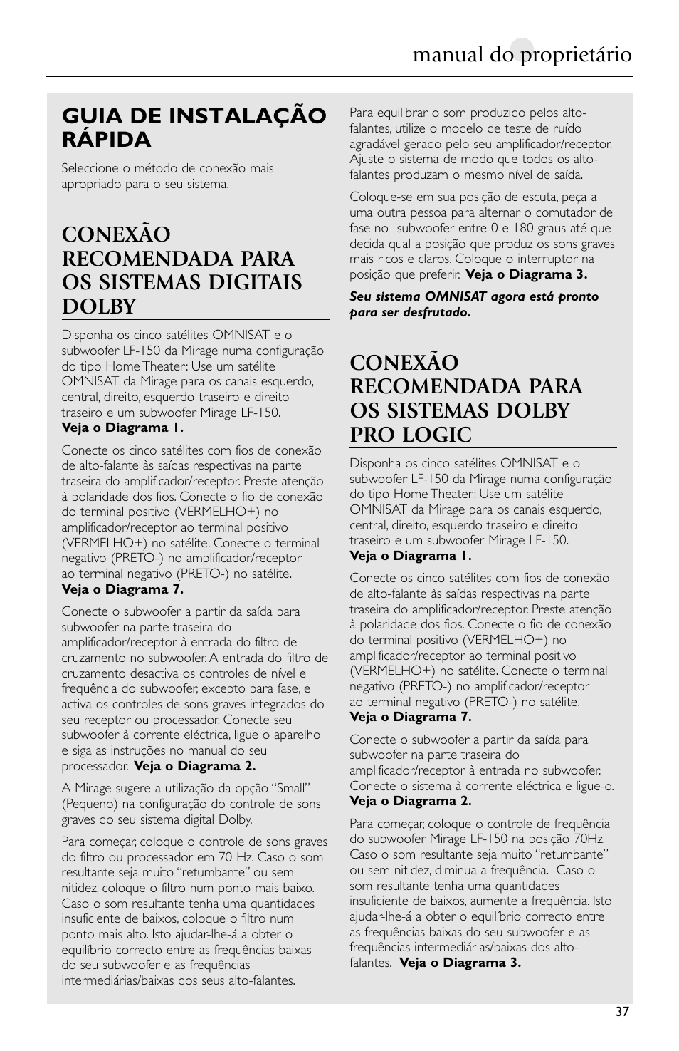 Guia de instalação rápida, Manual do proprietário | Mirage Loudspeakers Omnisat User Manual | Page 37 / 52