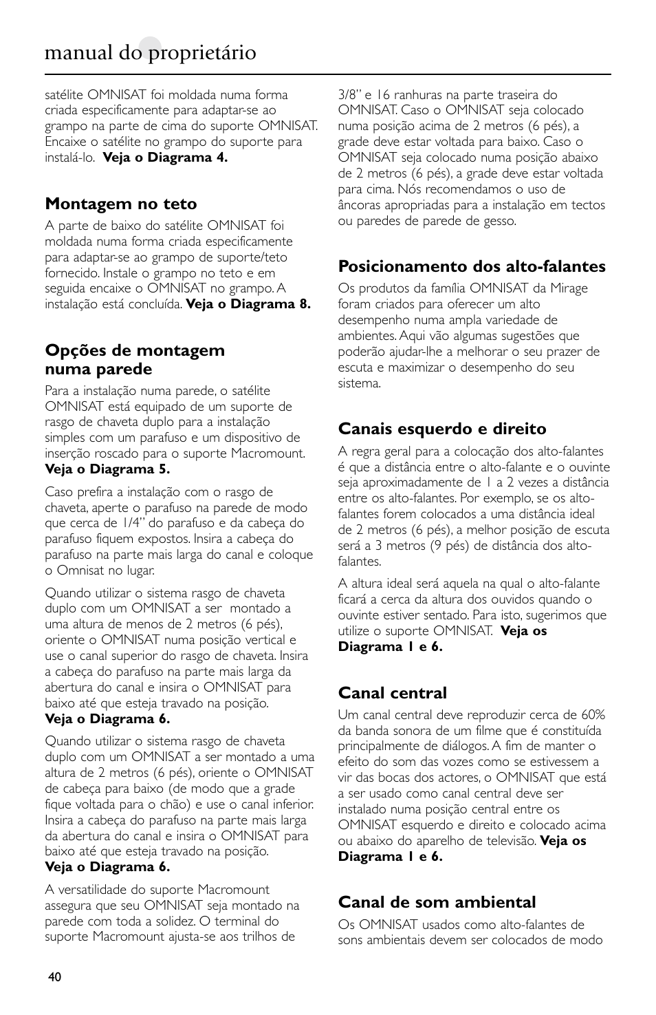Manual do proprietário | Mirage Loudspeakers Omnisat User Manual | Page 40 / 52