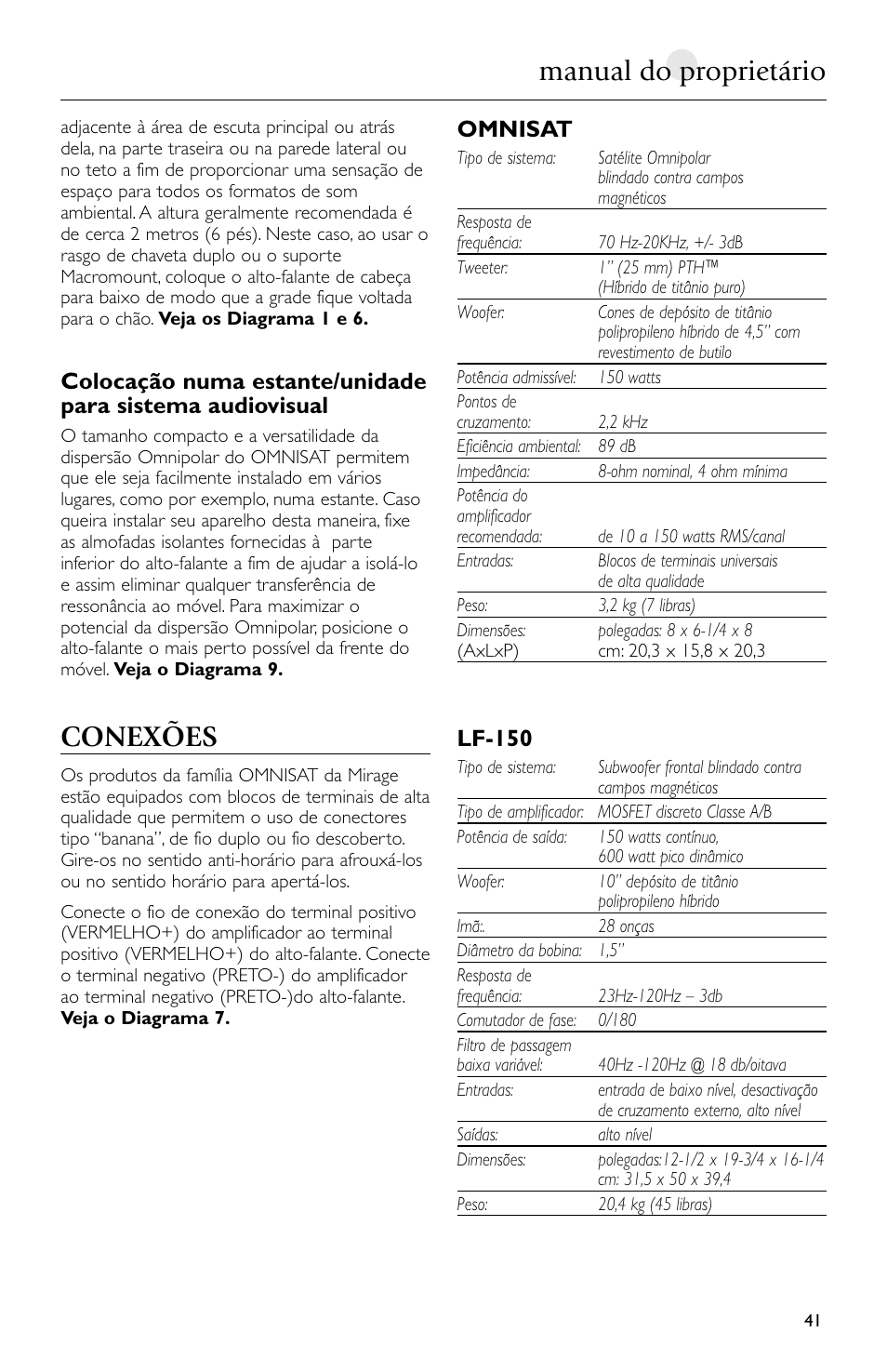 Conexões, Manual do proprietário, Omnisat | Lf-150 | Mirage Loudspeakers Omnisat User Manual | Page 41 / 52
