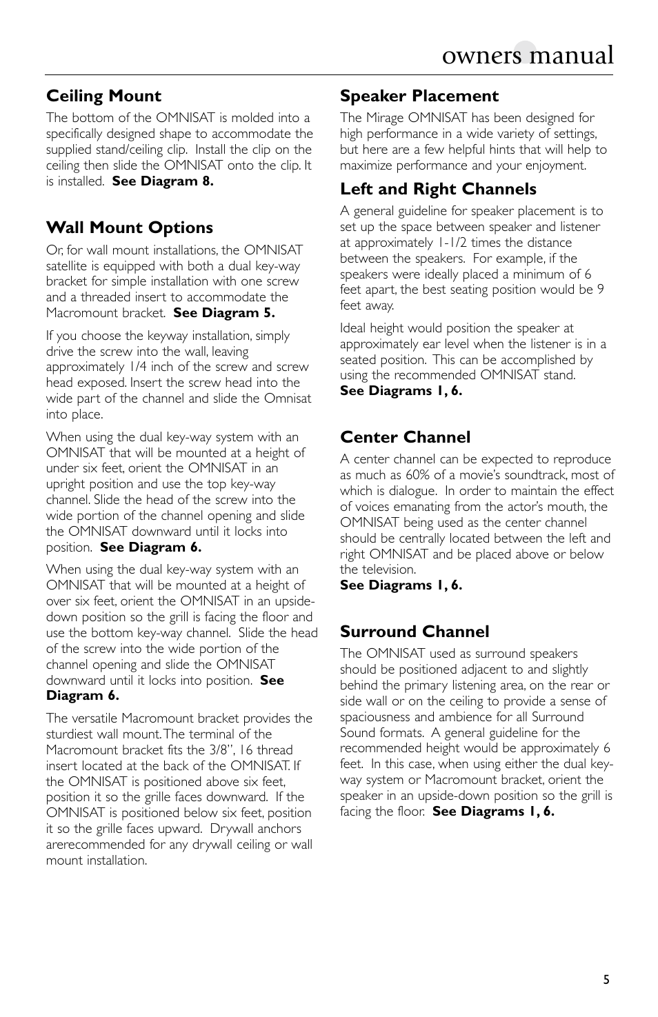 Owners manual | Mirage Loudspeakers Omnisat User Manual | Page 5 / 52