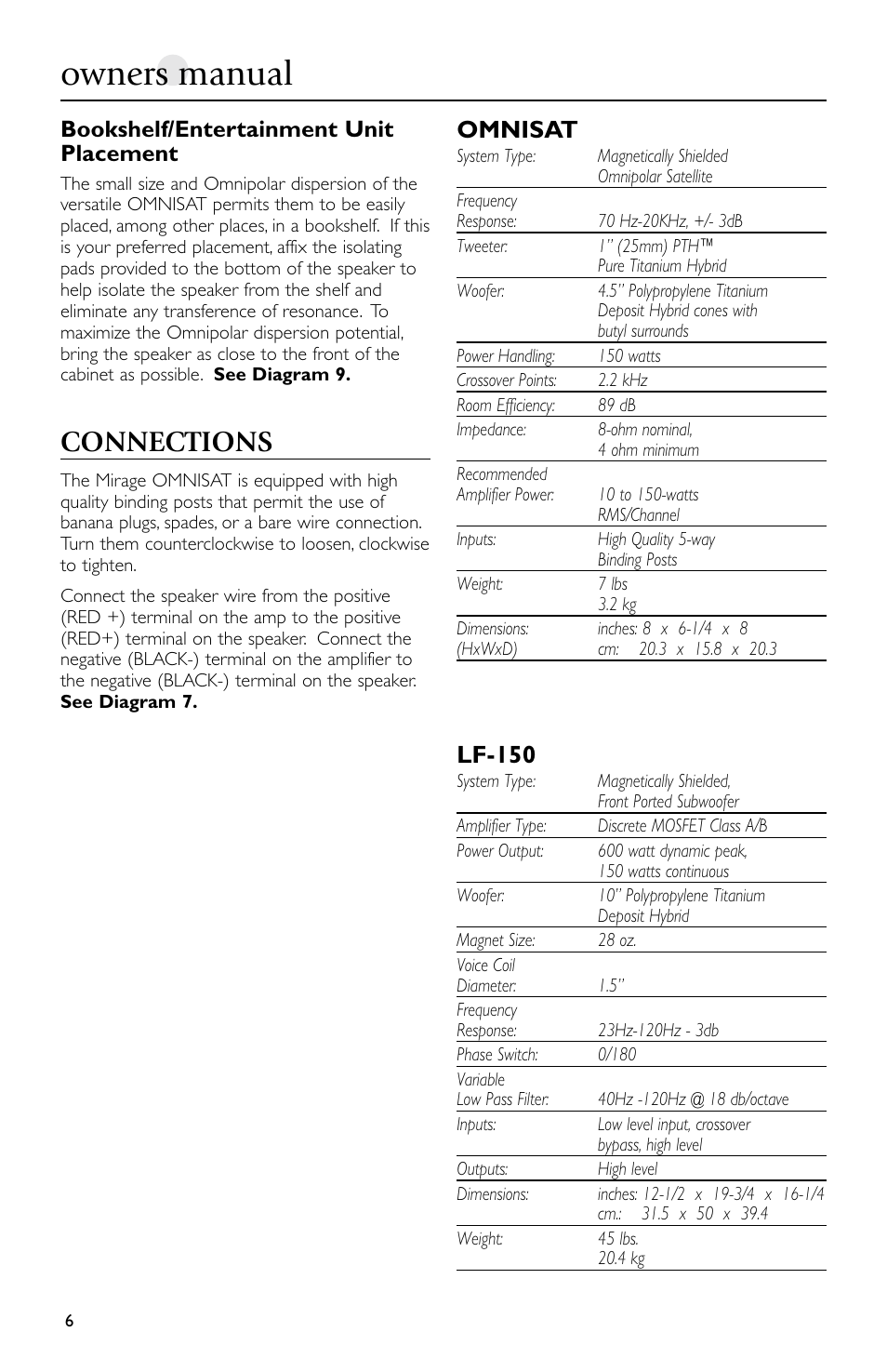 Owners manual, Connections, Omnisat | Lf-150, Bookshelf/entertainment unit placement | Mirage Loudspeakers Omnisat User Manual | Page 6 / 52