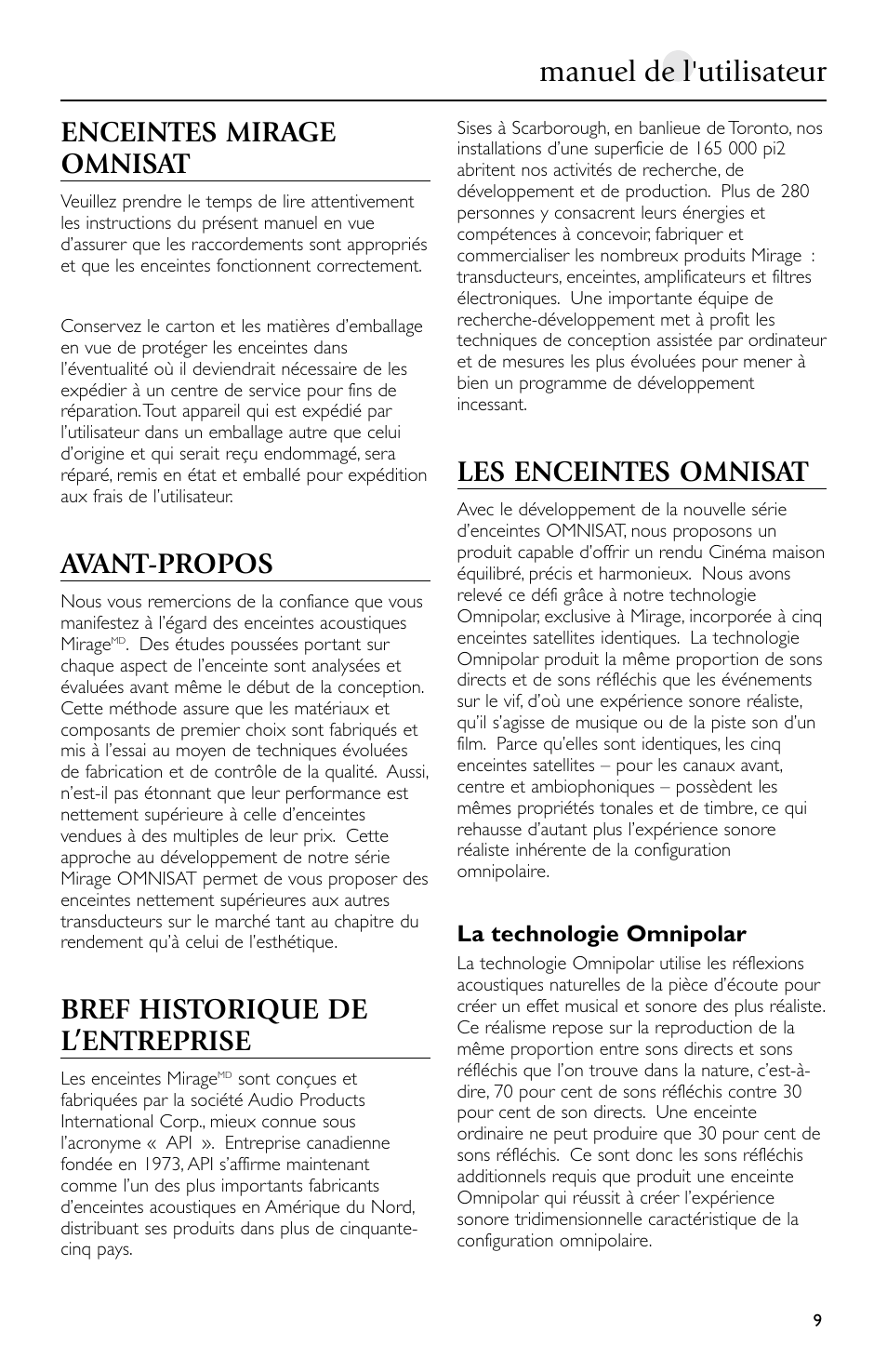 Manuel de l'utilisateur, Enceintes mirage omnisat, Avant-propos | Bref historique de l’entreprise, Les enceintes omnisat | Mirage Loudspeakers Omnisat User Manual | Page 9 / 52