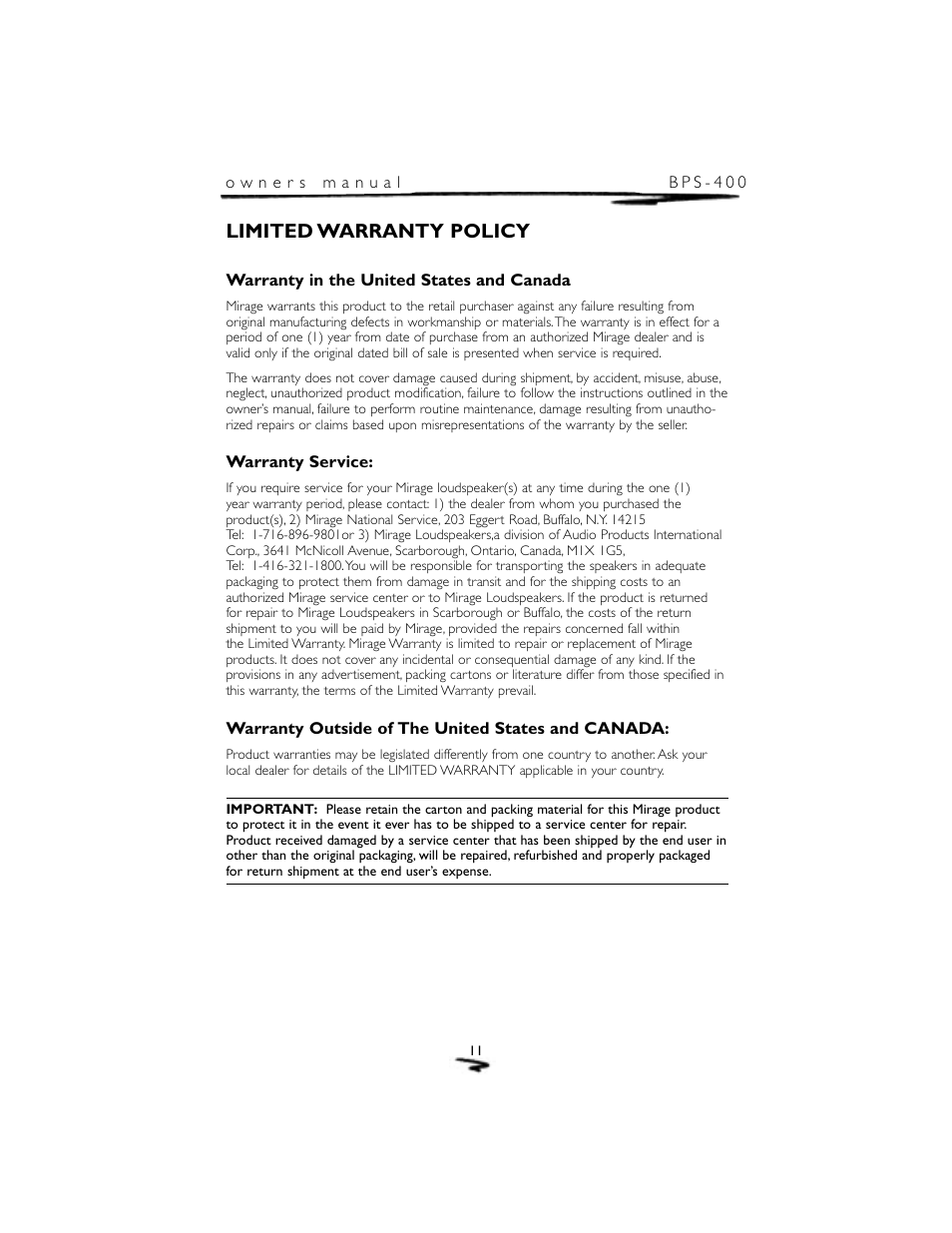 Limited warranty policy | Mirage Loudspeakers BPS-400 User Manual | Page 12 / 12