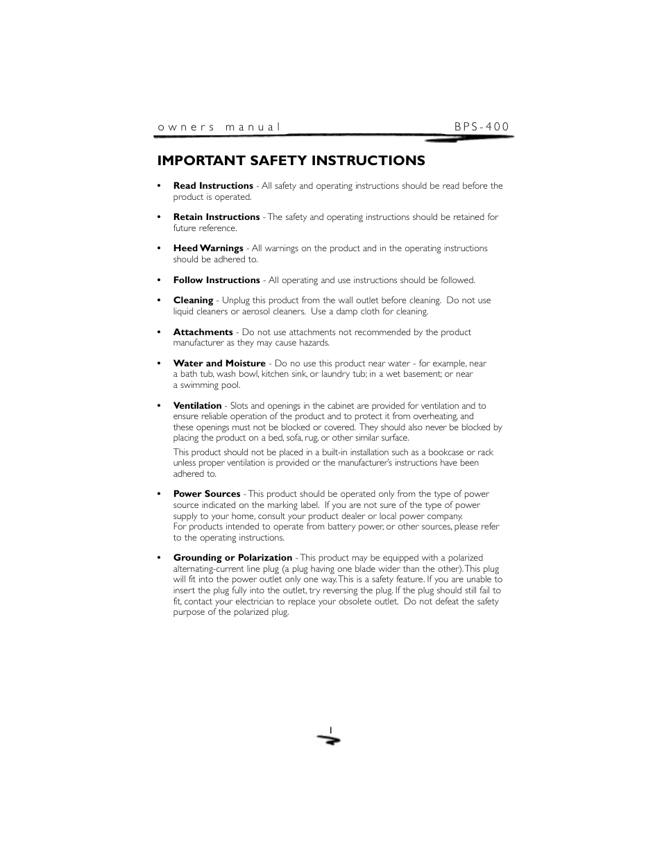 Important safety instructions | Mirage Loudspeakers BPS-400 User Manual | Page 2 / 12