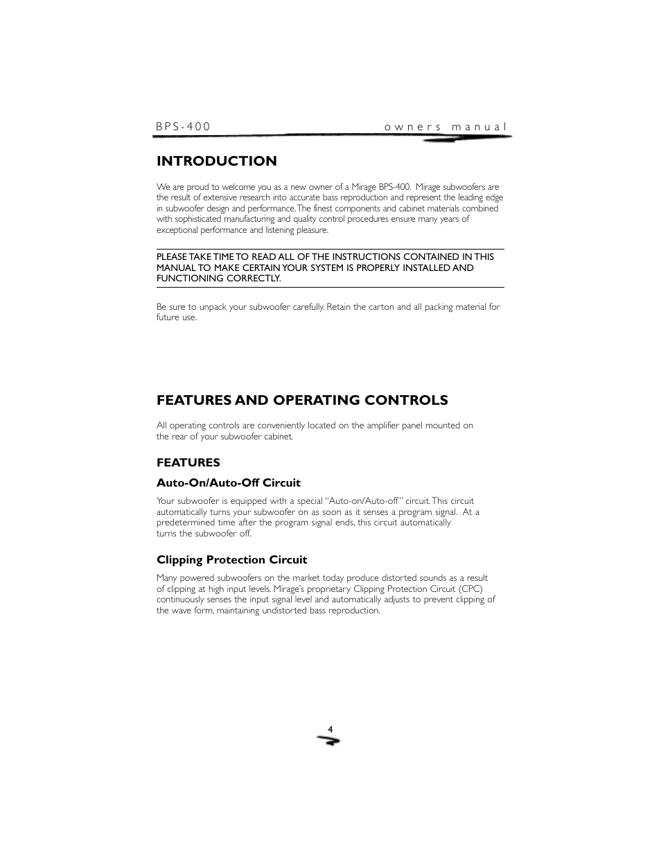 Introduction, Features and operating controls | Mirage Loudspeakers BPS-400 User Manual | Page 5 / 12