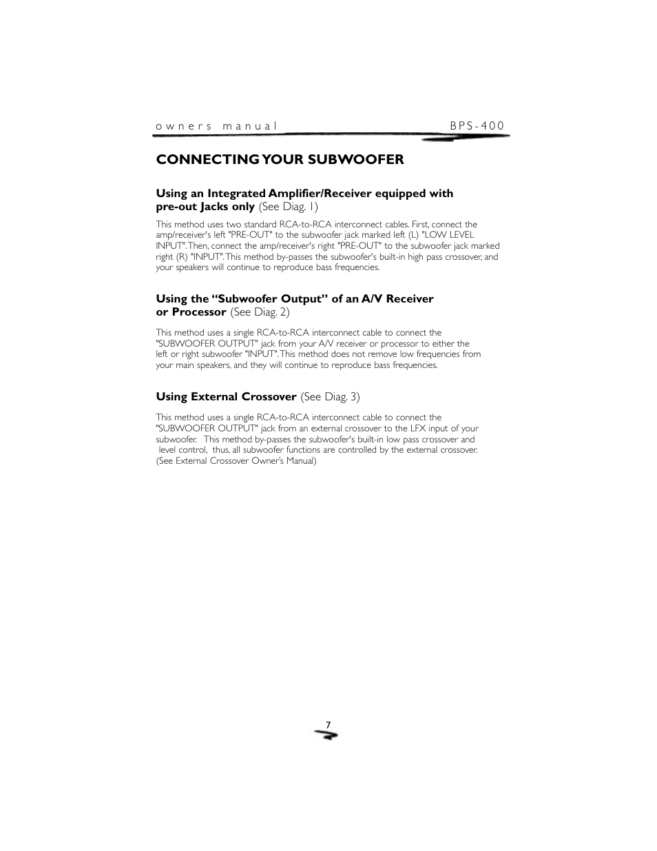 Connecting your subwoofer | Mirage Loudspeakers BPS-400 User Manual | Page 8 / 12