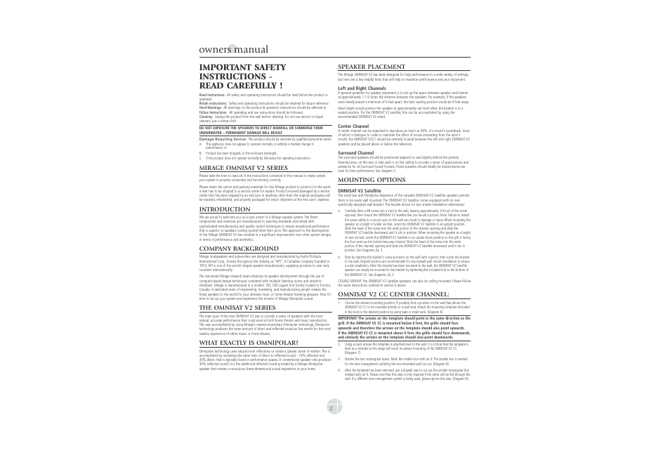 Speaker placement, Mounting options, Owners manual | Important safety instructions - read carefully | Mirage Loudspeakers OMNISAT V2 User Manual | Page 2 / 8