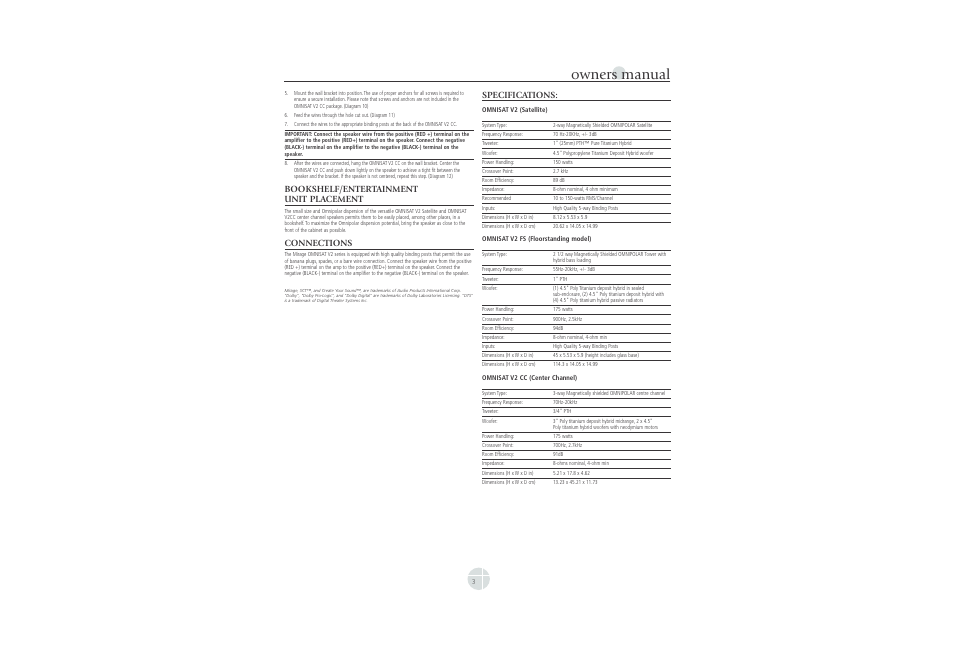 Specs, Owners manual, Bookshelf/entertainment unit placement | Connections, Specifications | Mirage Loudspeakers OMNISAT V2 User Manual | Page 3 / 8