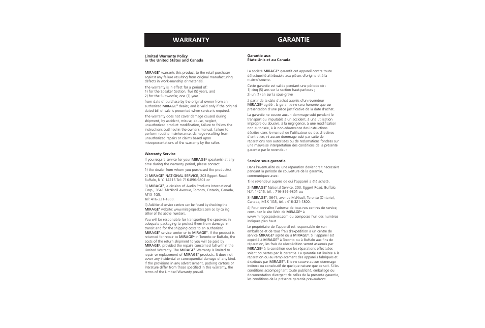 Warranty, Garantie | Mirage Loudspeakers OMNISAT V2 User Manual | Page 8 / 8