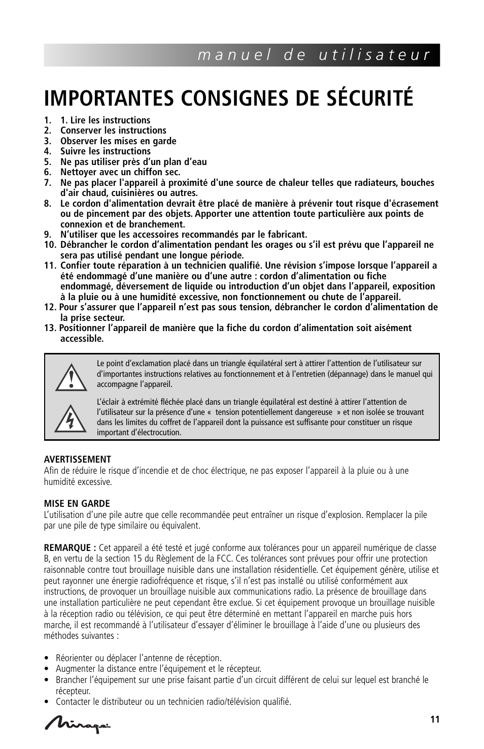 Importantes consignes de sécurité | Mirage Loudspeakers Mirage OmniVibe User Manual | Page 11 / 56