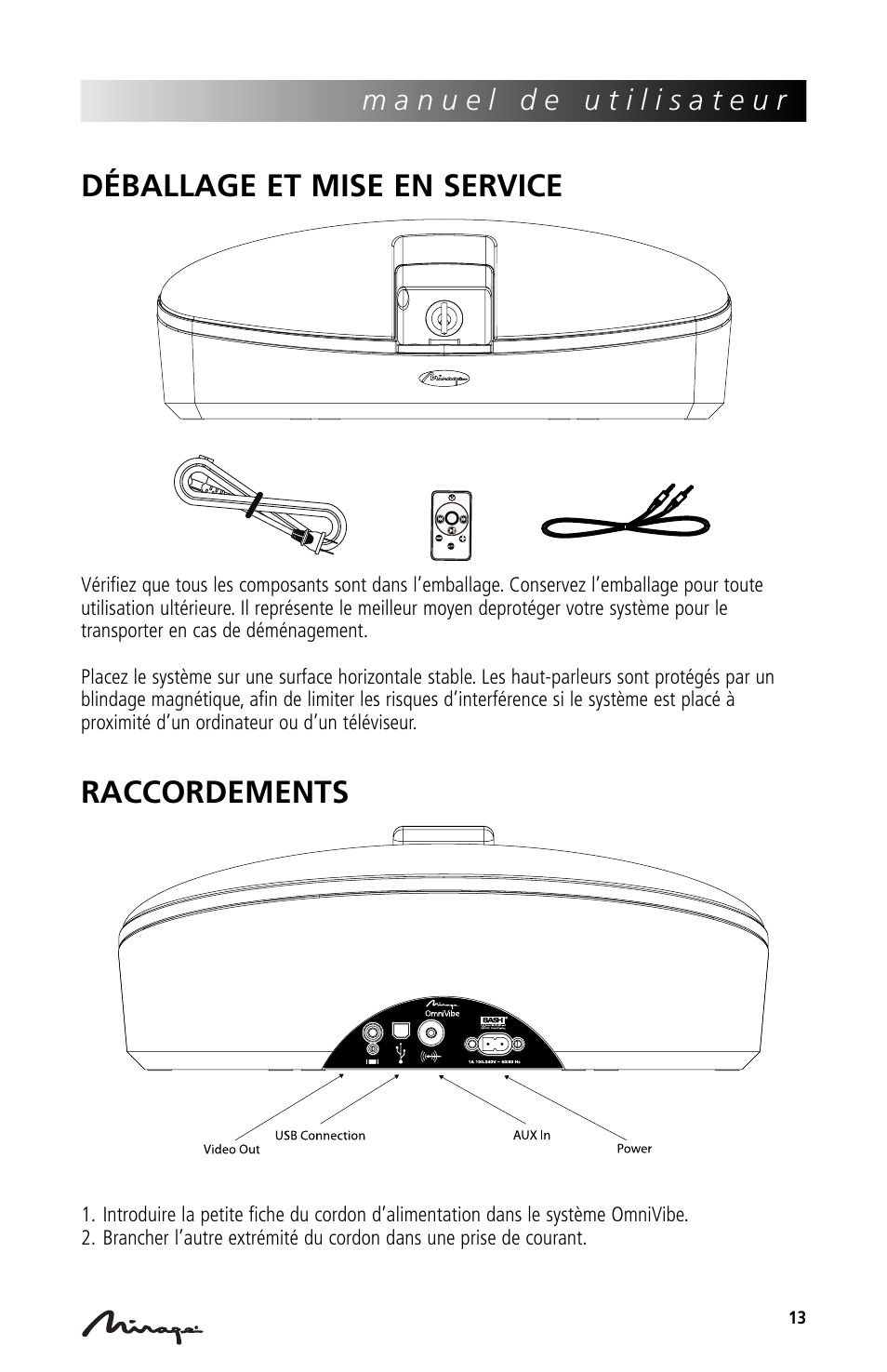 Déballage et mise en service, Raccordements | Mirage Loudspeakers Mirage OmniVibe User Manual | Page 13 / 56