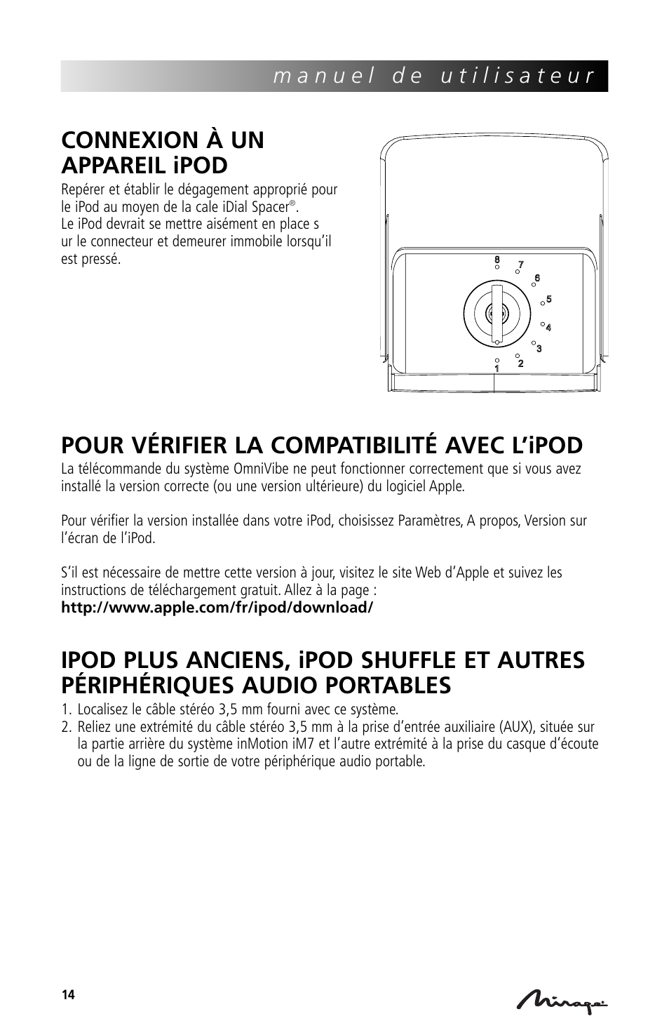 Connexion à un appareil ipod, Pour vérifier la compatibilité avec l’ipod | Mirage Loudspeakers Mirage OmniVibe User Manual | Page 14 / 56