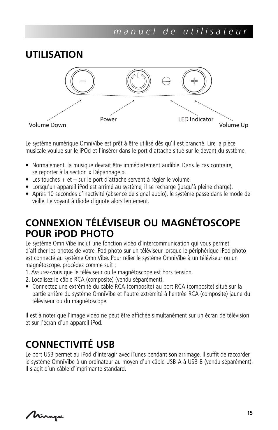 Utilisation, Connectivité usb | Mirage Loudspeakers Mirage OmniVibe User Manual | Page 15 / 56