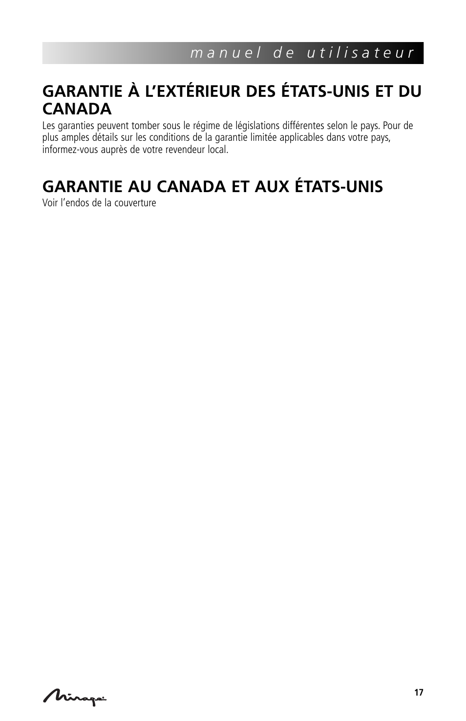 Garantie à l’extérieur des états-unis et du canada, Garantie au canada et aux états-unis | Mirage Loudspeakers Mirage OmniVibe User Manual | Page 17 / 56