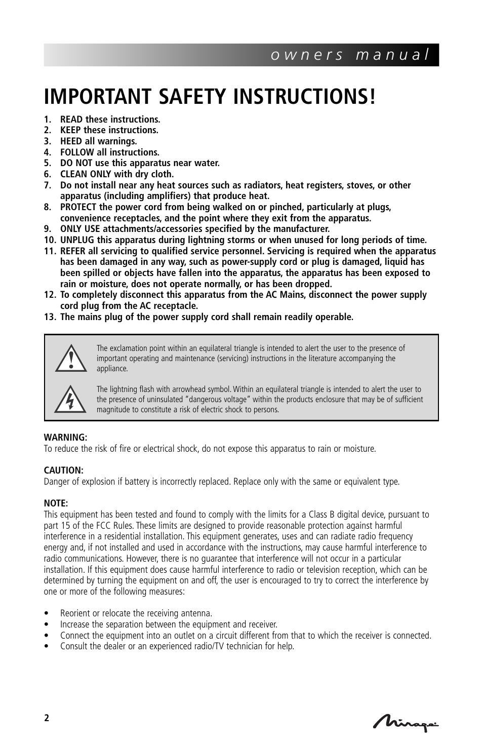 Important safety instructions | Mirage Loudspeakers Mirage OmniVibe User Manual | Page 2 / 56