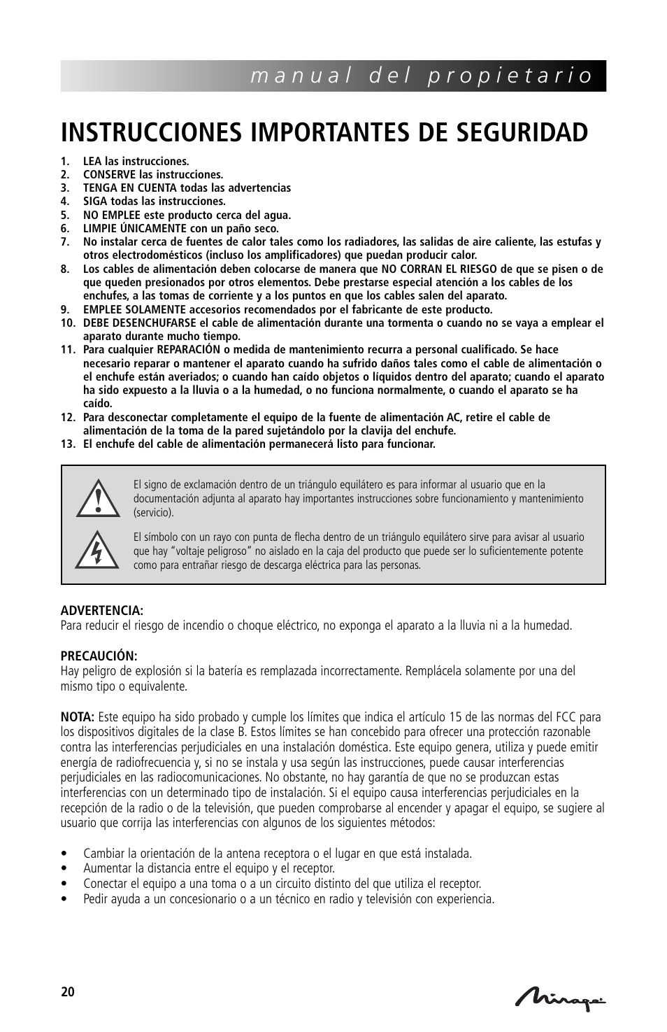 Instrucciones importantes de seguridad | Mirage Loudspeakers Mirage OmniVibe User Manual | Page 20 / 56