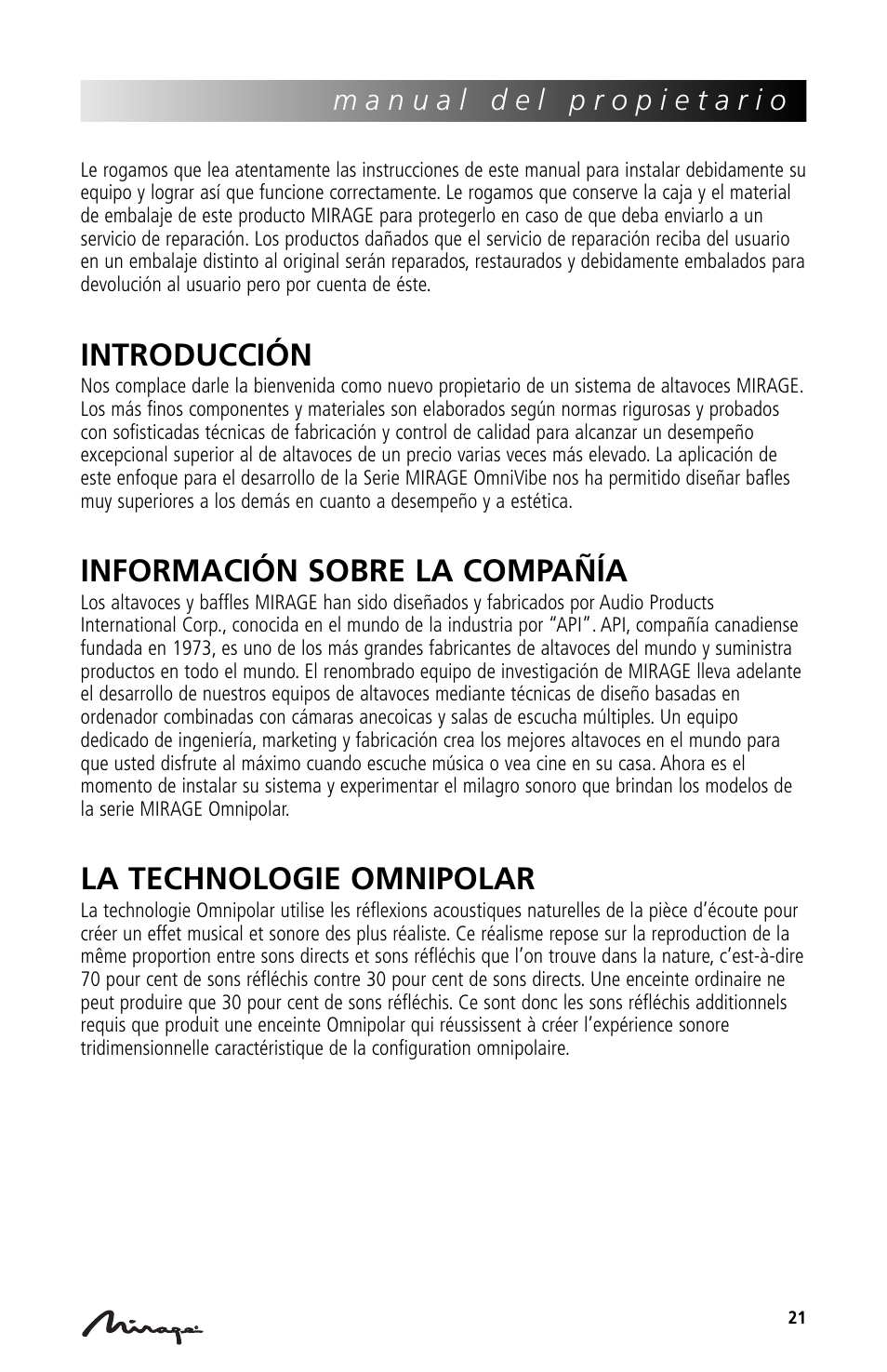 Introducción, Información sobre la compañía, La technologie omnipolar | Mirage Loudspeakers Mirage OmniVibe User Manual | Page 21 / 56