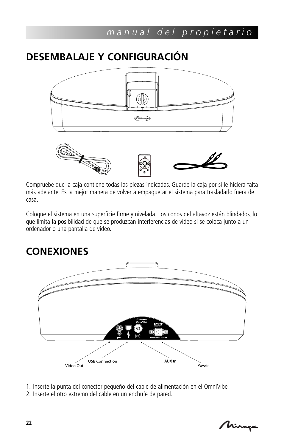 Desembalaje y configuración, Conexiones | Mirage Loudspeakers Mirage OmniVibe User Manual | Page 22 / 56