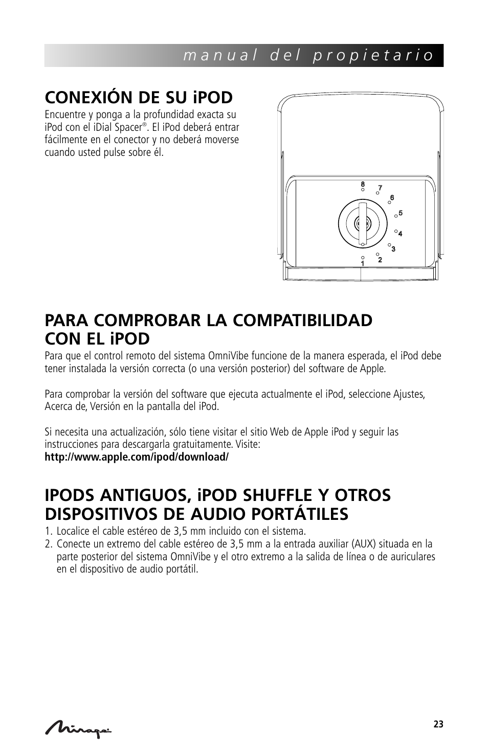 Conexión de su ipod, Para comprobar la compatibilidad con el ipod | Mirage Loudspeakers Mirage OmniVibe User Manual | Page 23 / 56