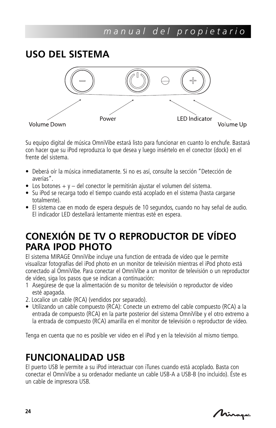 Uso del sistema, Funcionalidad usb | Mirage Loudspeakers Mirage OmniVibe User Manual | Page 24 / 56