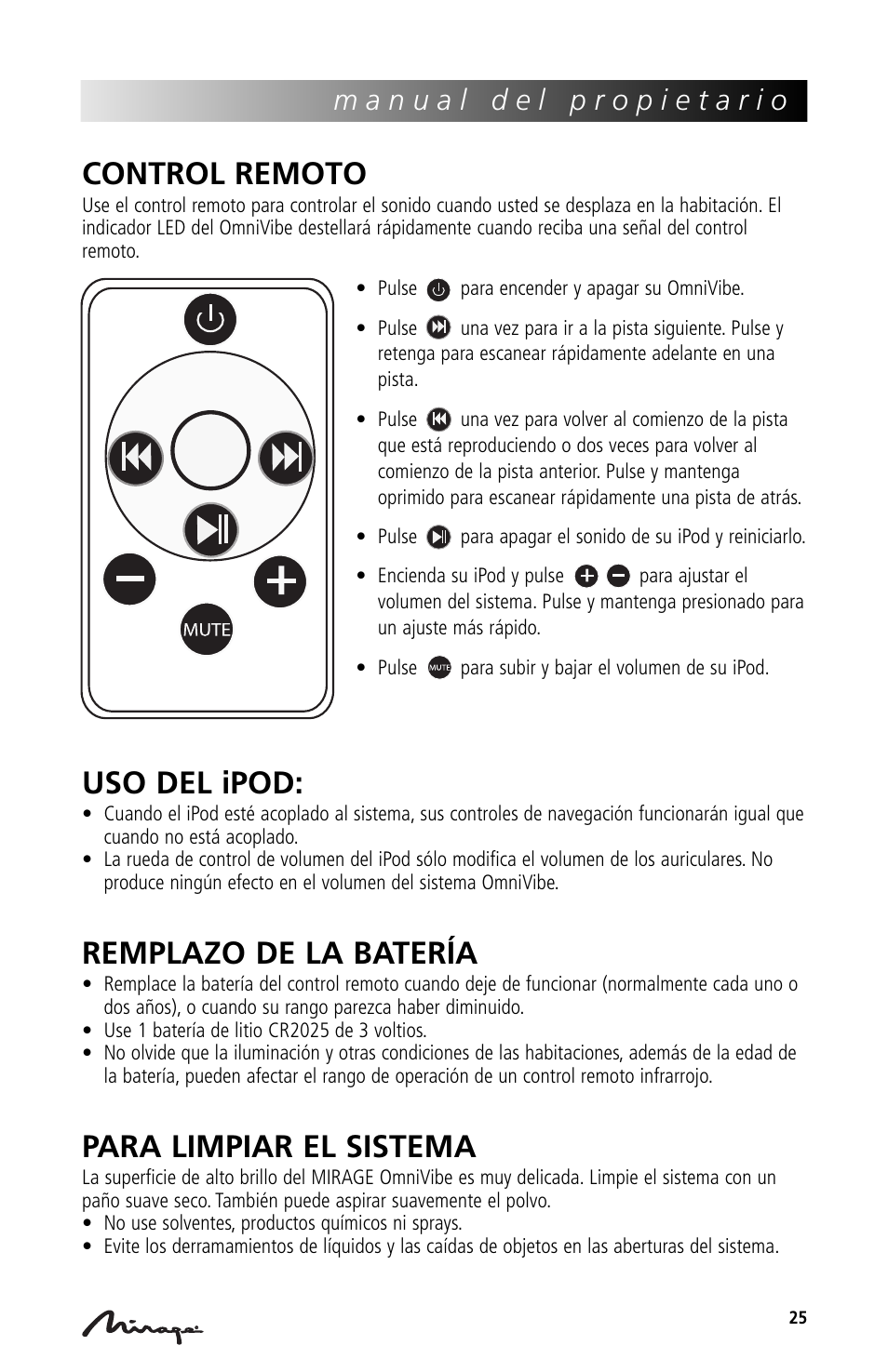 Control remoto, Uso del ipod, Remplazo de la batería | Para limpiar el sistema | Mirage Loudspeakers Mirage OmniVibe User Manual | Page 25 / 56