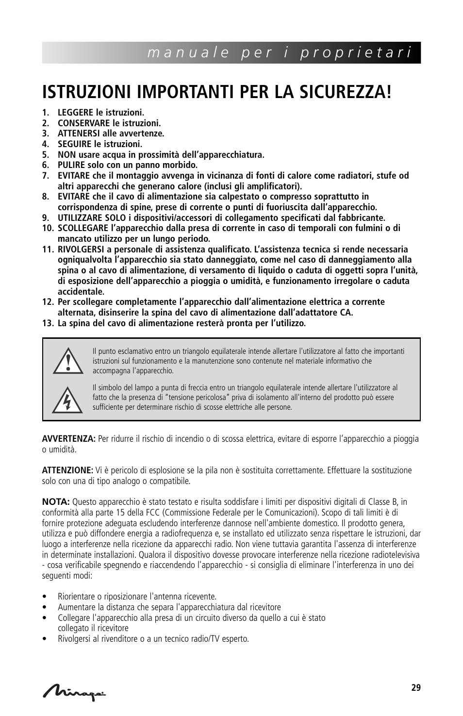 Istruzioni importanti per la sicurezza | Mirage Loudspeakers Mirage OmniVibe User Manual | Page 29 / 56