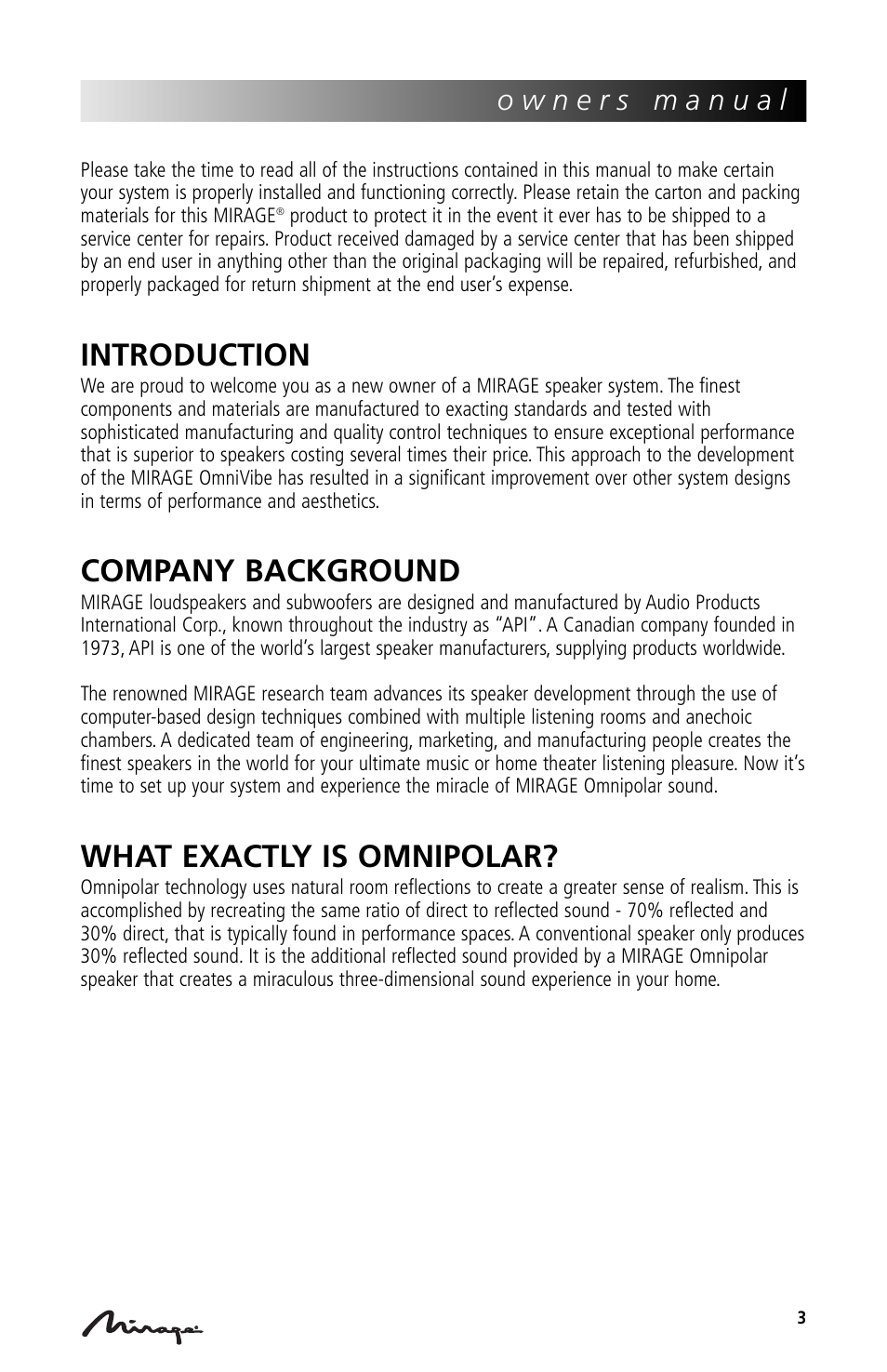 Introduction, Company background, What exactly is omnipolar | Mirage Loudspeakers Mirage OmniVibe User Manual | Page 3 / 56