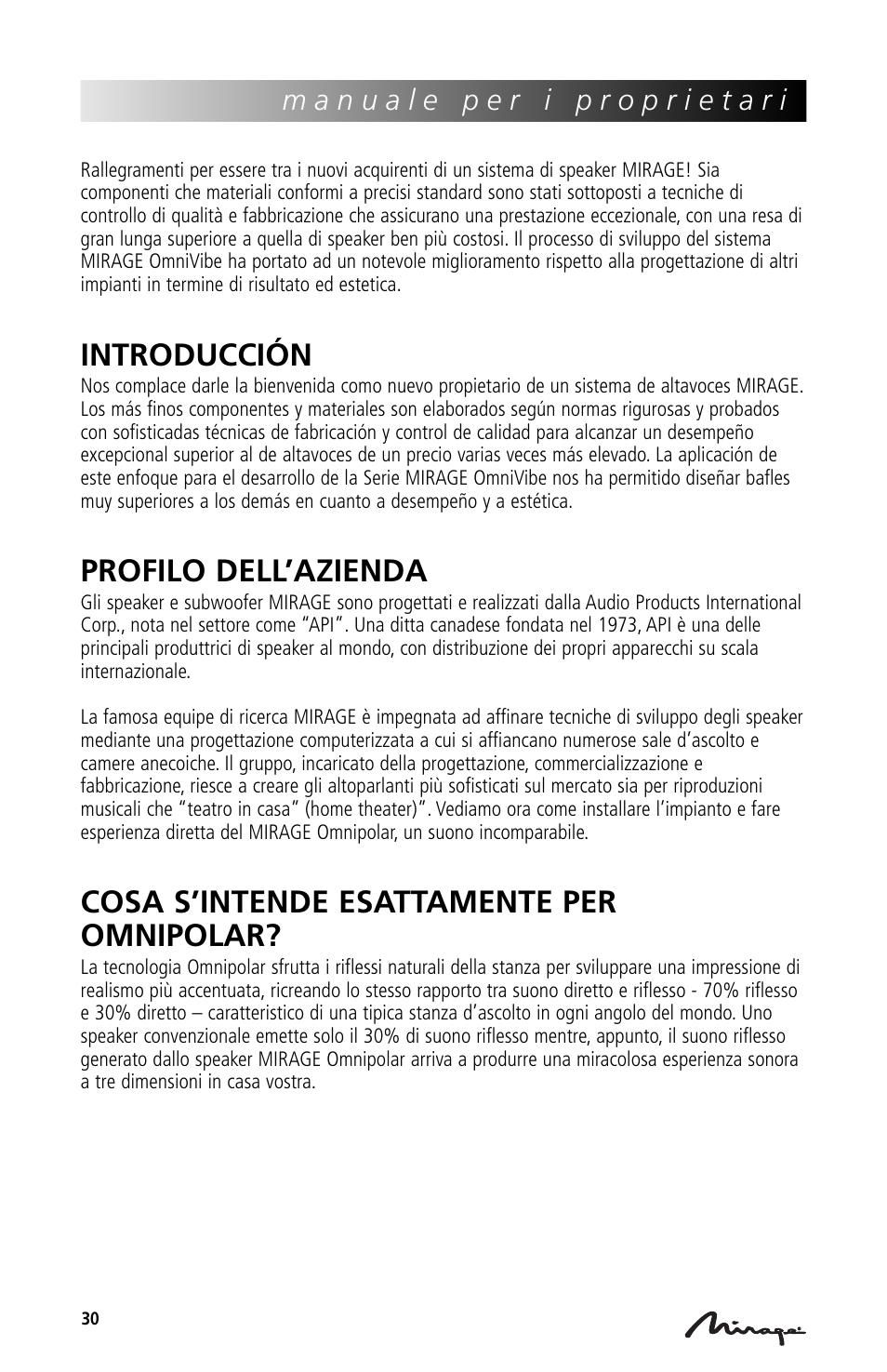 Introducción, Profilo dell’azienda, Cosa s’intende esattamente per omnipolar | Mirage Loudspeakers Mirage OmniVibe User Manual | Page 30 / 56