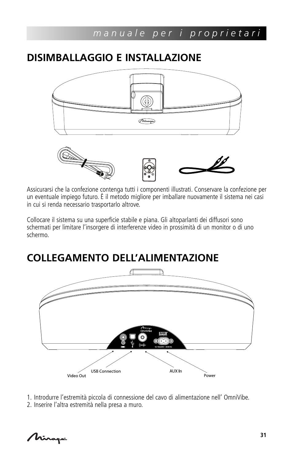 Disimballaggio e installazione, Collegamento dell’alimentazione | Mirage Loudspeakers Mirage OmniVibe User Manual | Page 31 / 56