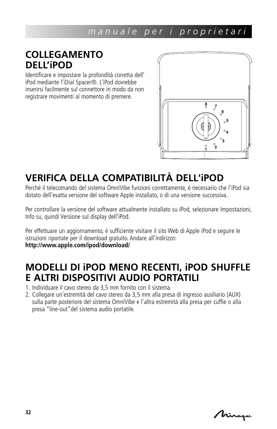 Collegamento dell’ipod, Verifica della compatibilità dell'ipod | Mirage Loudspeakers Mirage OmniVibe User Manual | Page 32 / 56