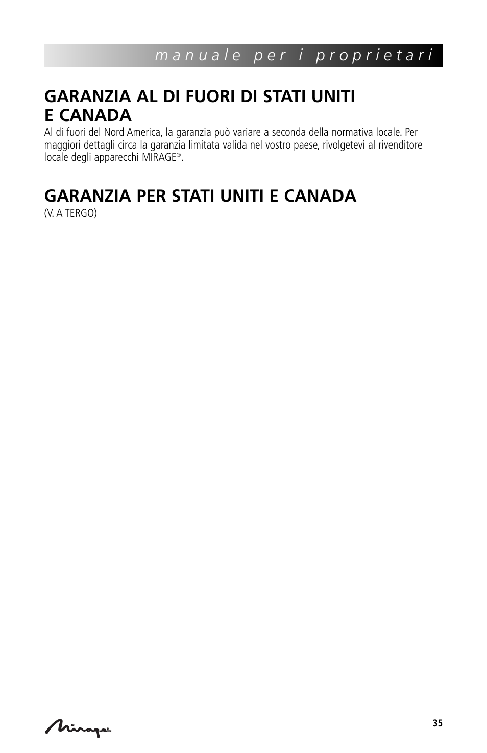 Garanzia al di fuori di stati uniti e canada, Garanzia per stati uniti e canada | Mirage Loudspeakers Mirage OmniVibe User Manual | Page 35 / 56