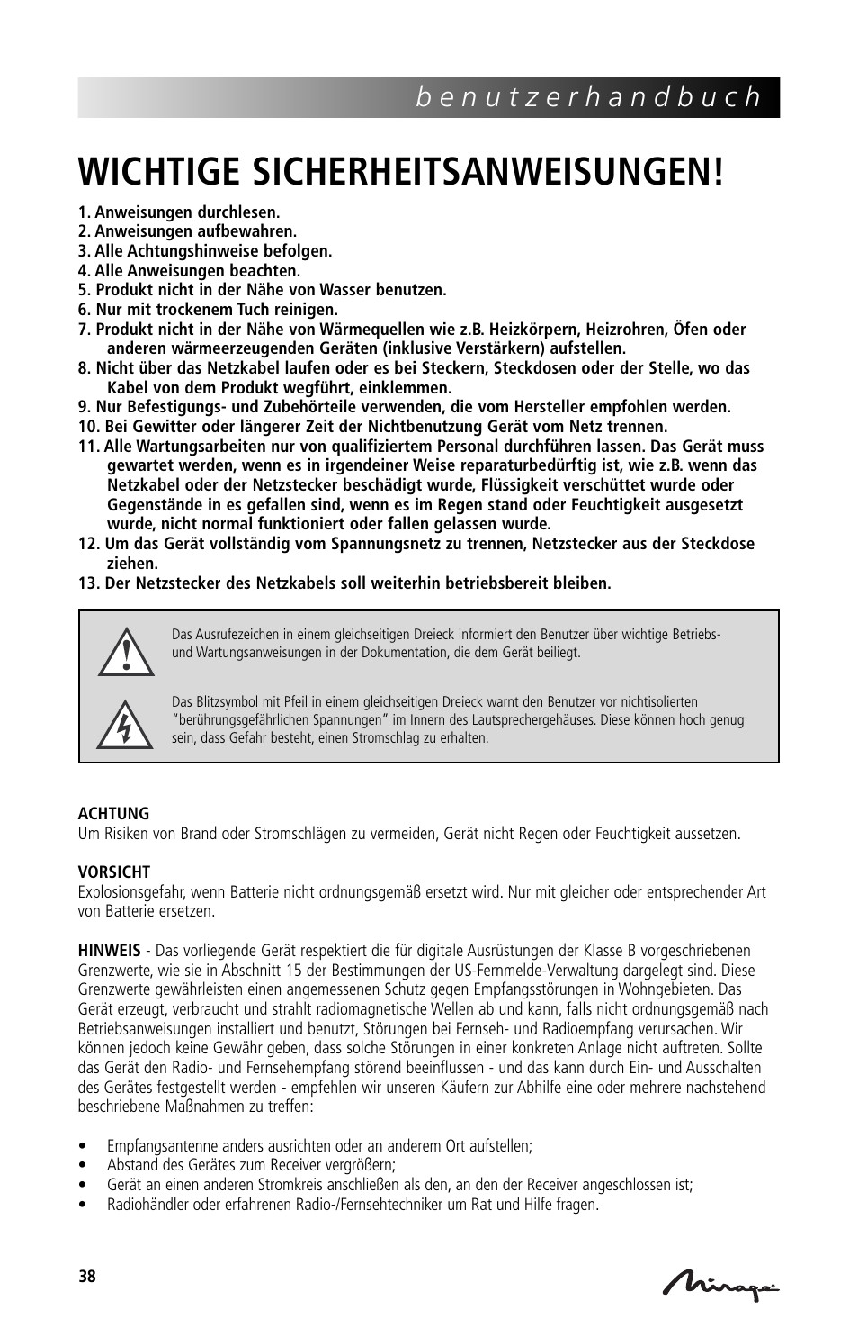 Wichtige sicherheitsanweisungen | Mirage Loudspeakers Mirage OmniVibe User Manual | Page 38 / 56