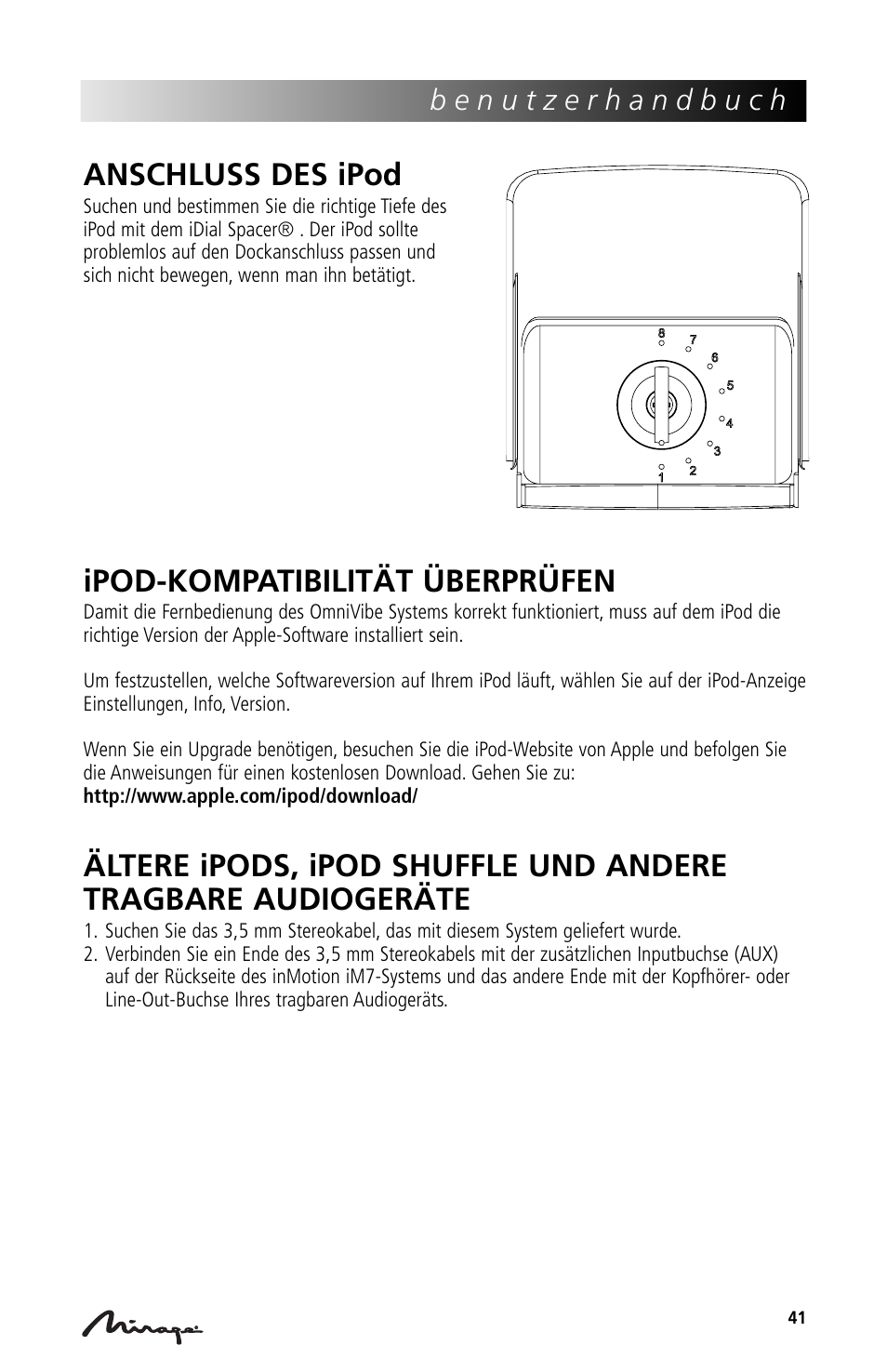 Anschluss des ipod, Ipod-kompatibilität überprüfen | Mirage Loudspeakers Mirage OmniVibe User Manual | Page 41 / 56