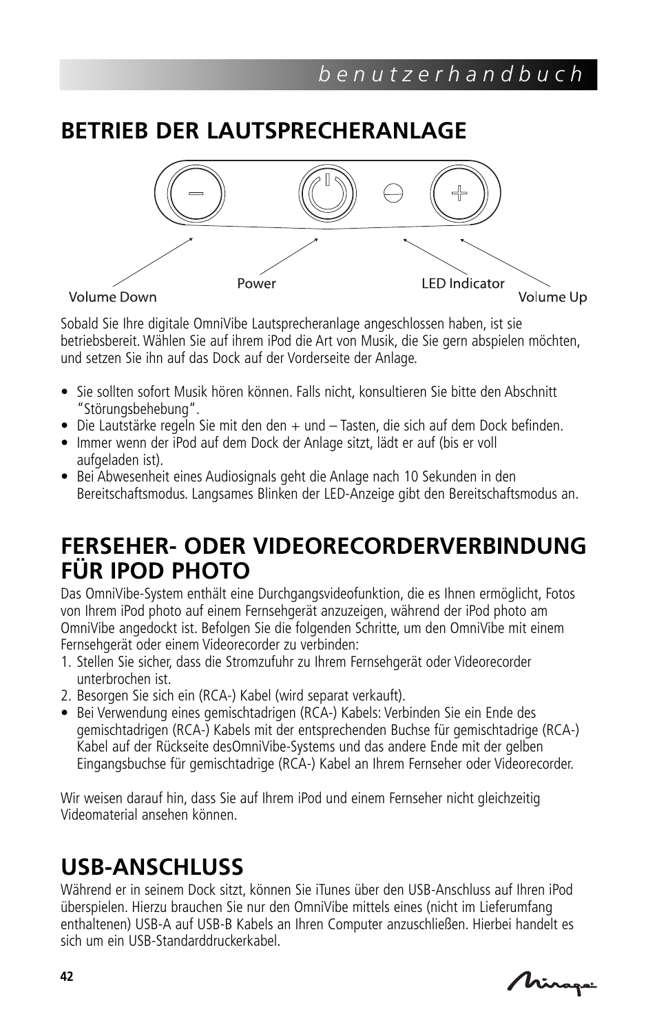 Betrieb der lautsprecheranlage, Usb-anschluss | Mirage Loudspeakers Mirage OmniVibe User Manual | Page 42 / 56