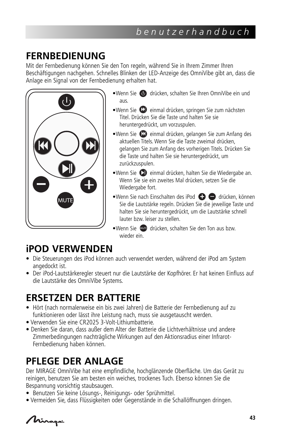 Fernbedienung, Ipod verwenden, Ersetzen der batterie | Pflege der anlage | Mirage Loudspeakers Mirage OmniVibe User Manual | Page 43 / 56