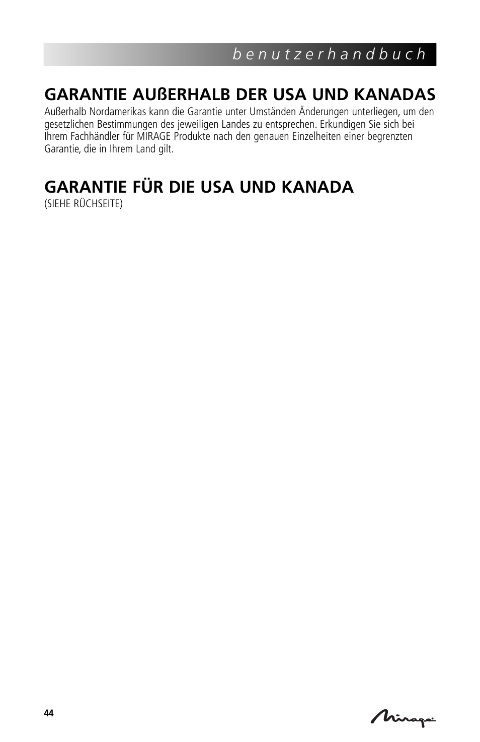 Garantie außerhalb der usa und kanadas, Garantie für die usa und kanada | Mirage Loudspeakers Mirage OmniVibe User Manual | Page 44 / 56