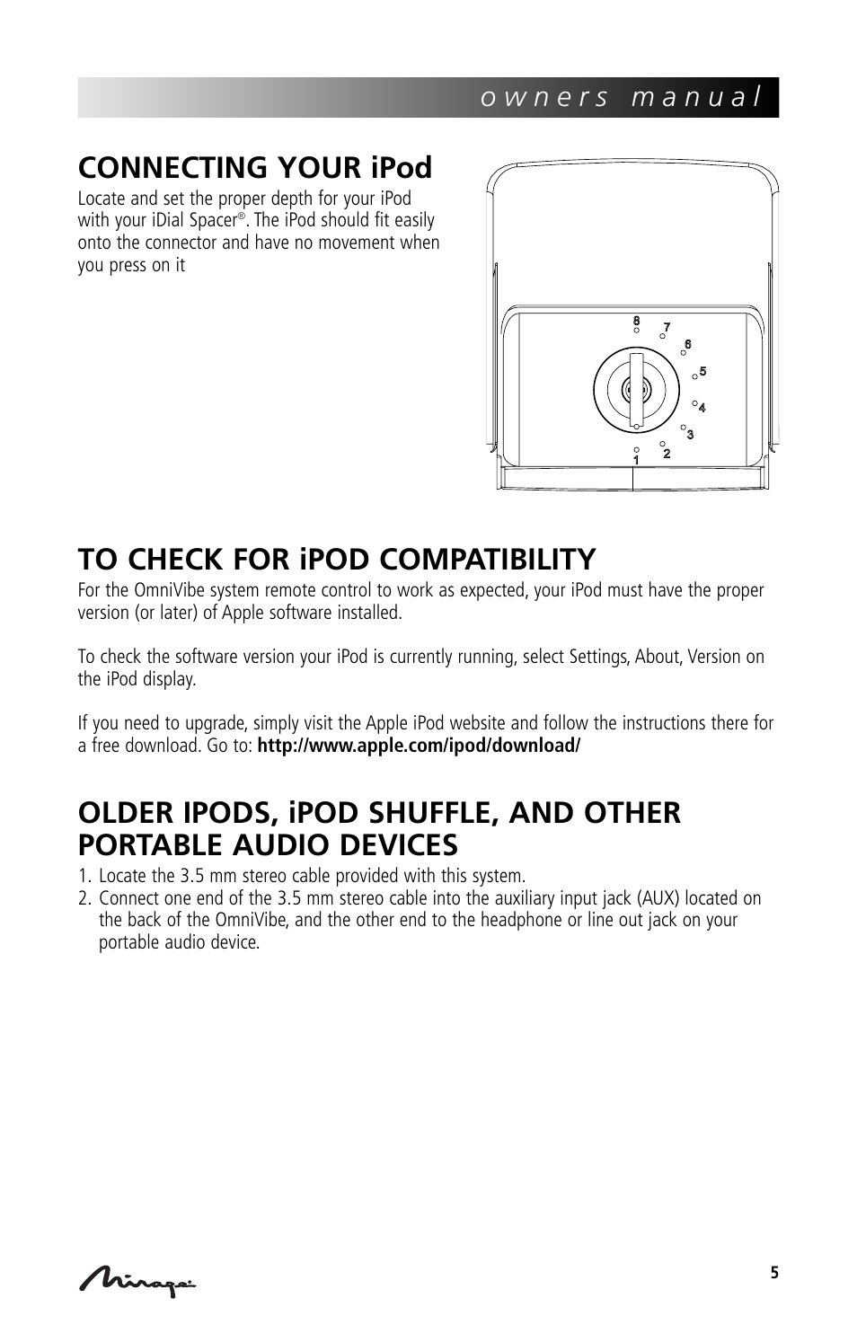 Connecting your ipod | Mirage Loudspeakers Mirage OmniVibe User Manual | Page 5 / 56