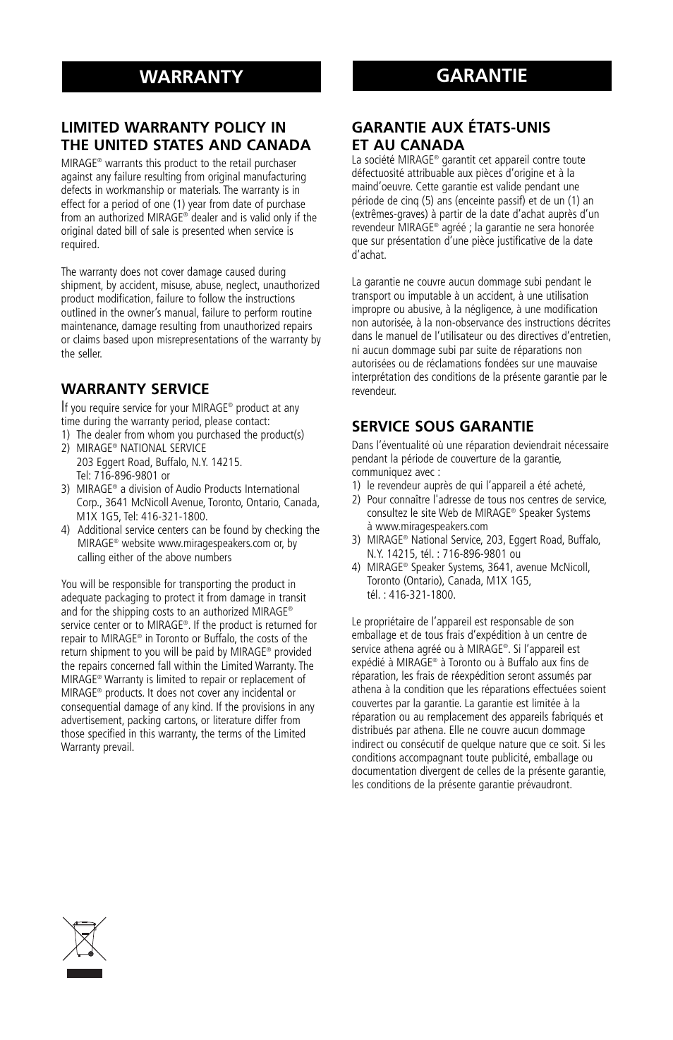 Garantie, Warranty, Warranty service | Garantie aux états-unis et au canada, Service sous garantie | Mirage Loudspeakers Mirage OmniVibe User Manual | Page 56 / 56